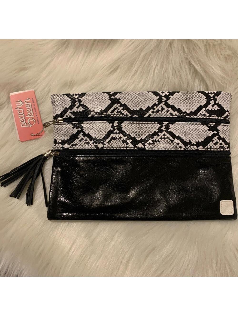Multipurpose Black White Snakeskin Clutch with Twin Zippers